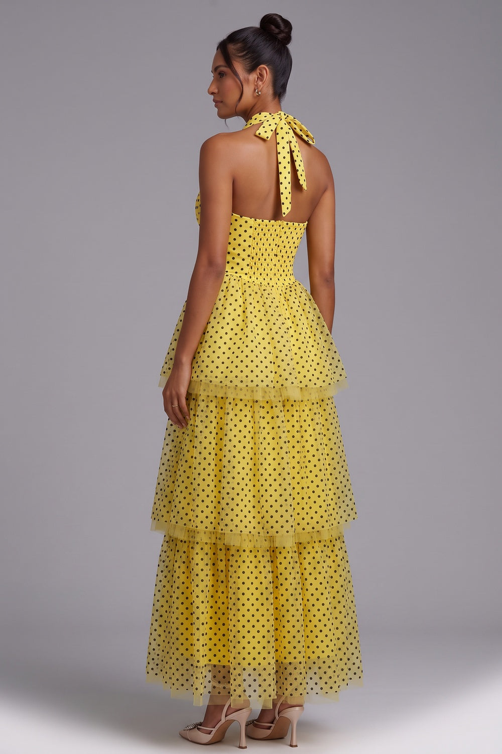 316af3e0b539a82f YELLOW POLKA DOT TIERED HALTER MAXI DRESS