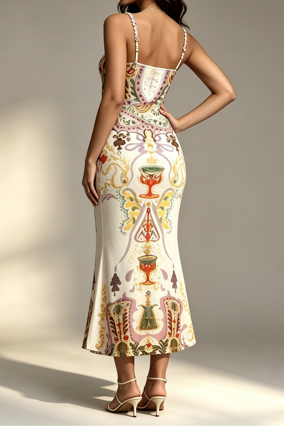 31_7caade7a-dba1-4cd8-8956-b8ec660a49bf VINTAGE TAROT CUP PRINT BEADED SWEETHEART SATIN MERMAID MIDI DRESS