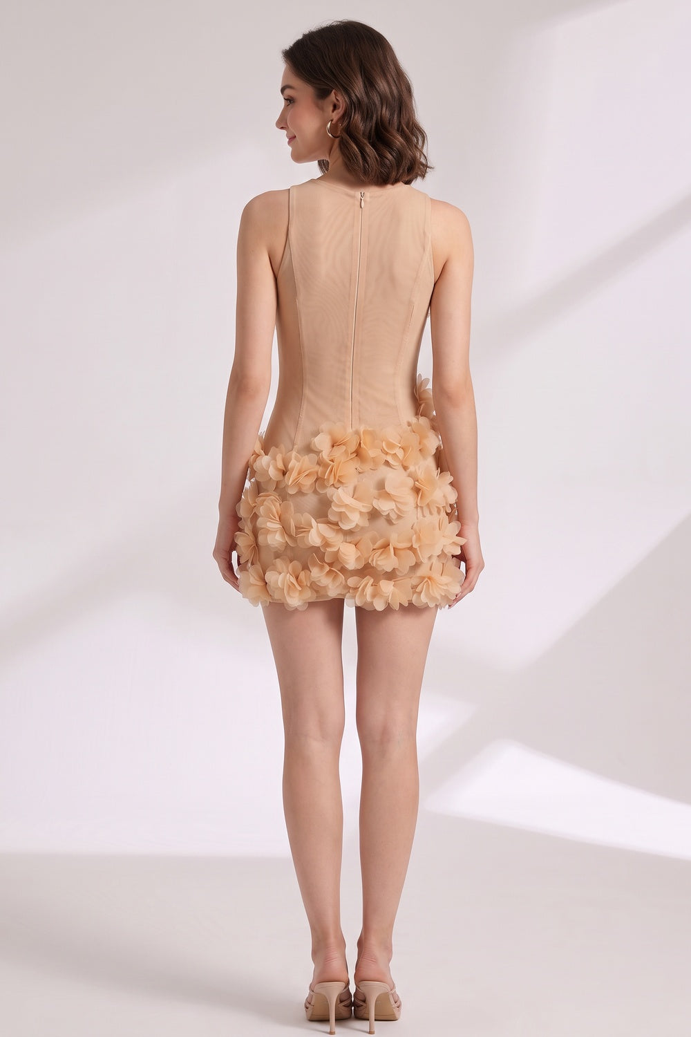 31b7e556e7e6df31 BEIGE SHEER MESH BODYCON MINI DRESS 3D FLORAL PETALS