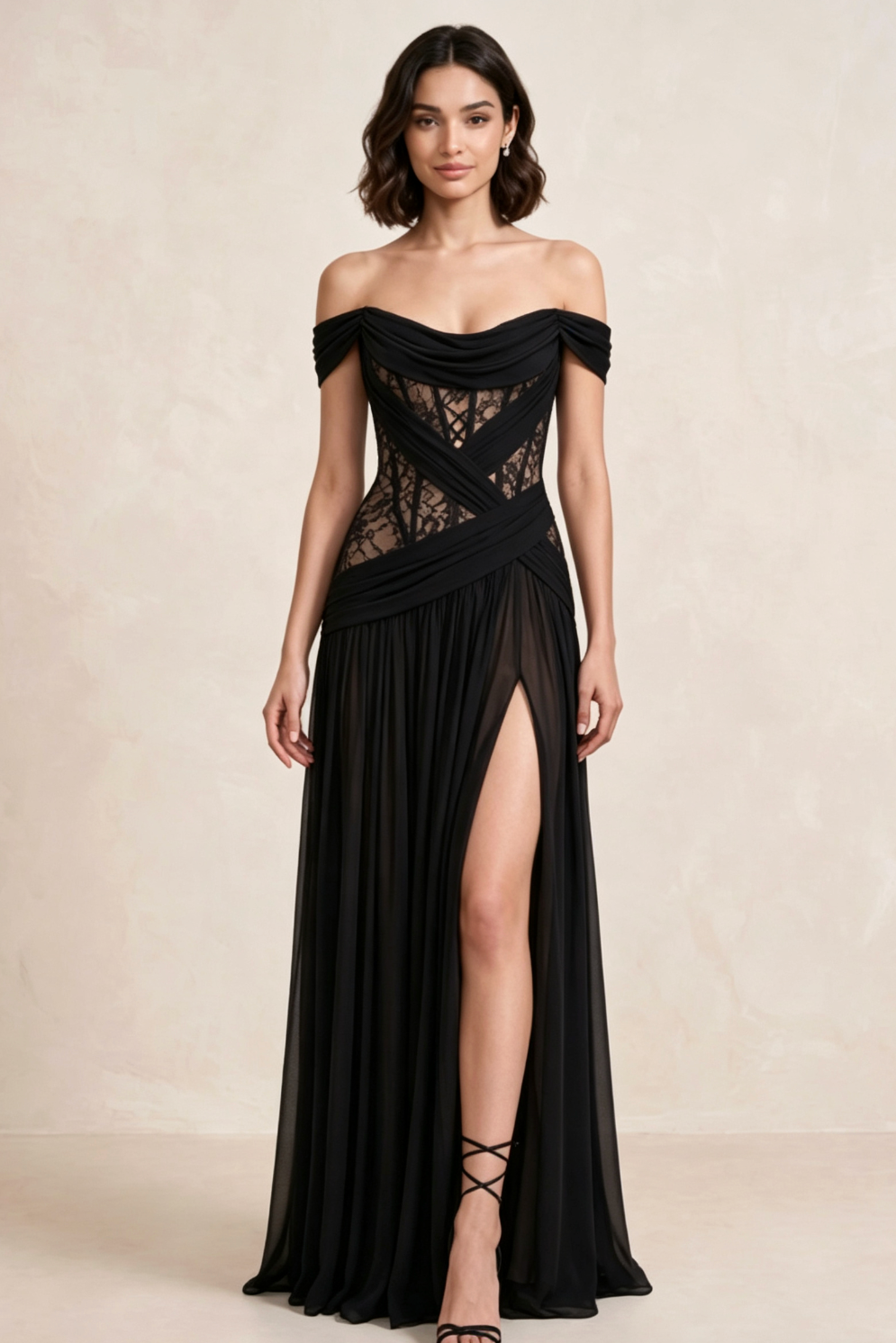 BLACK CHIFFON A-LINE GOWN HIGH SLIT FITTED BODICE