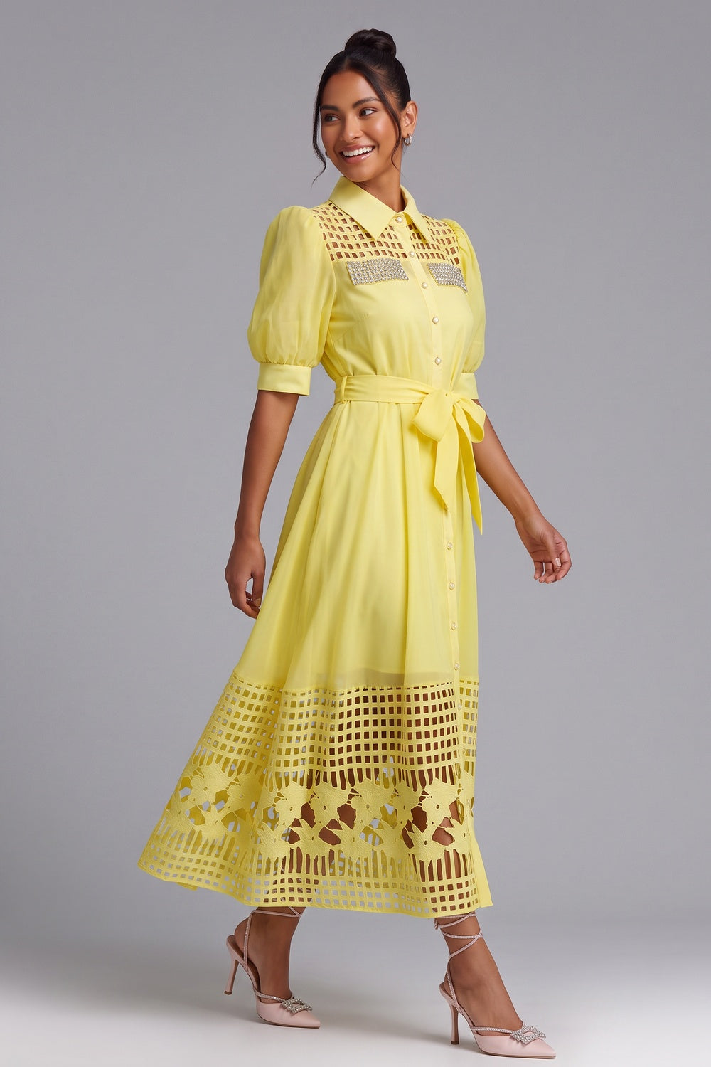YELLOW CUTOUT MIDI DRESS WITH CRYSTALS FOR PARTY