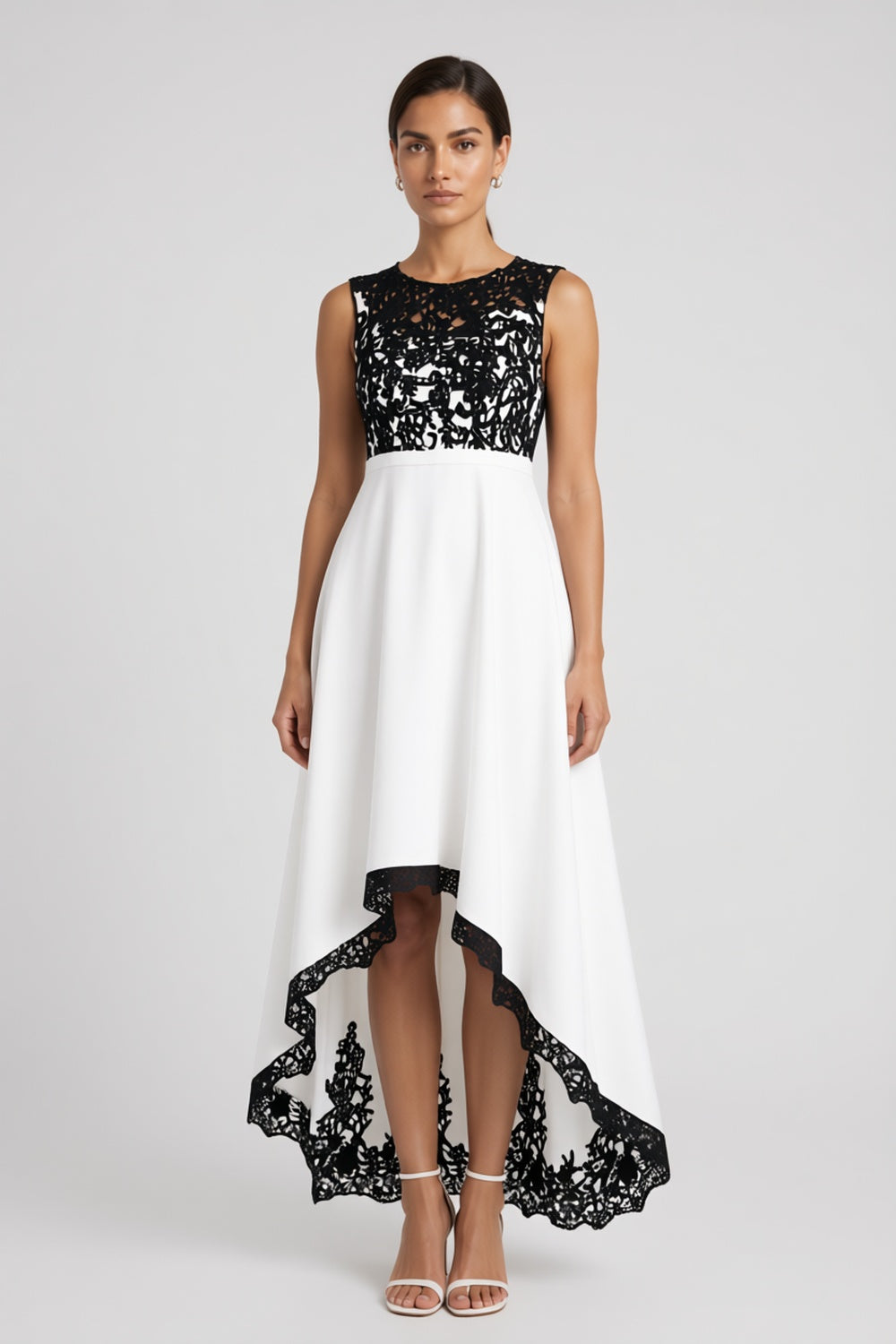 3203b60bceea73fc FLORAL LACE HIGH-LOW A-LINE EVENING DRESS