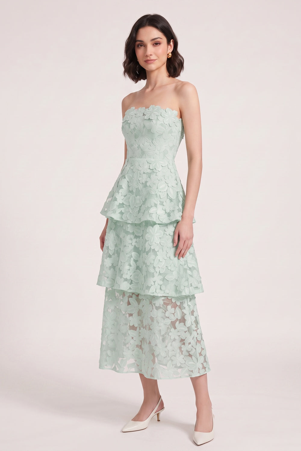 32457cc61d366df7 MINT GREEN 3D FLORAL LACE A-LINE TIERED WEDDING GUEST DRESS