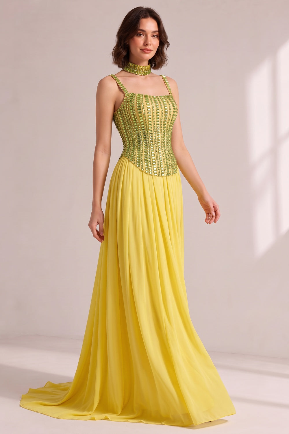 LIME GREEN RHINESTONE CHOKER PLEATED CHIFFON TRAIN GOWN