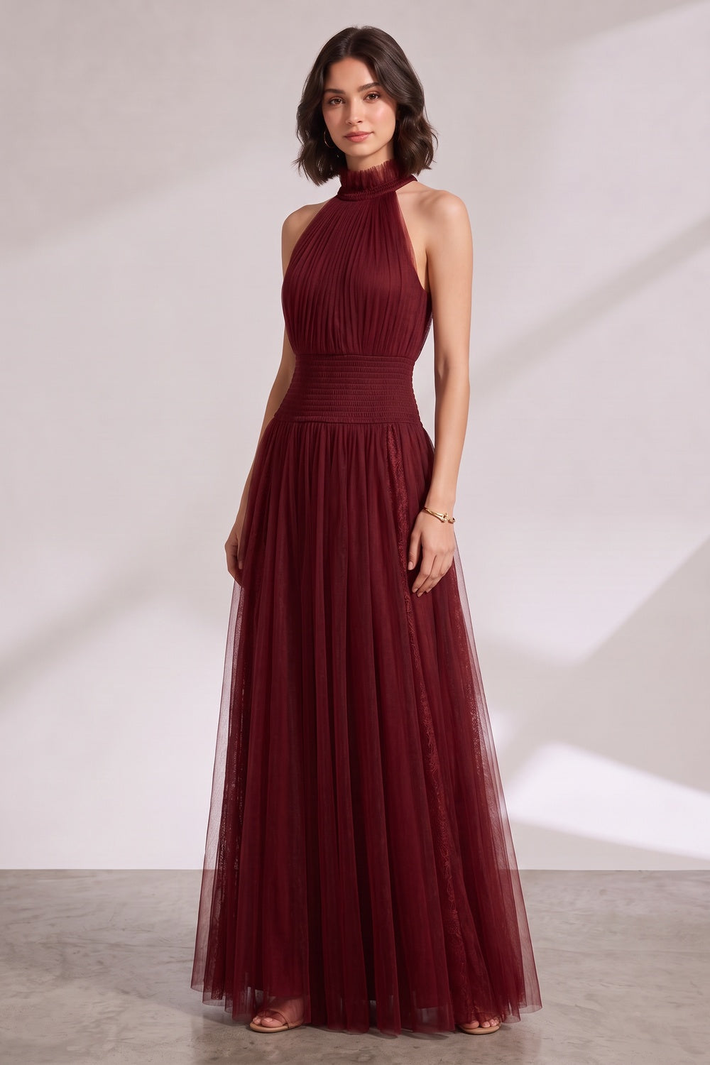 BURGUNDY HALTER PLEATED MAXI DRESS FOR WEDDING GUEST