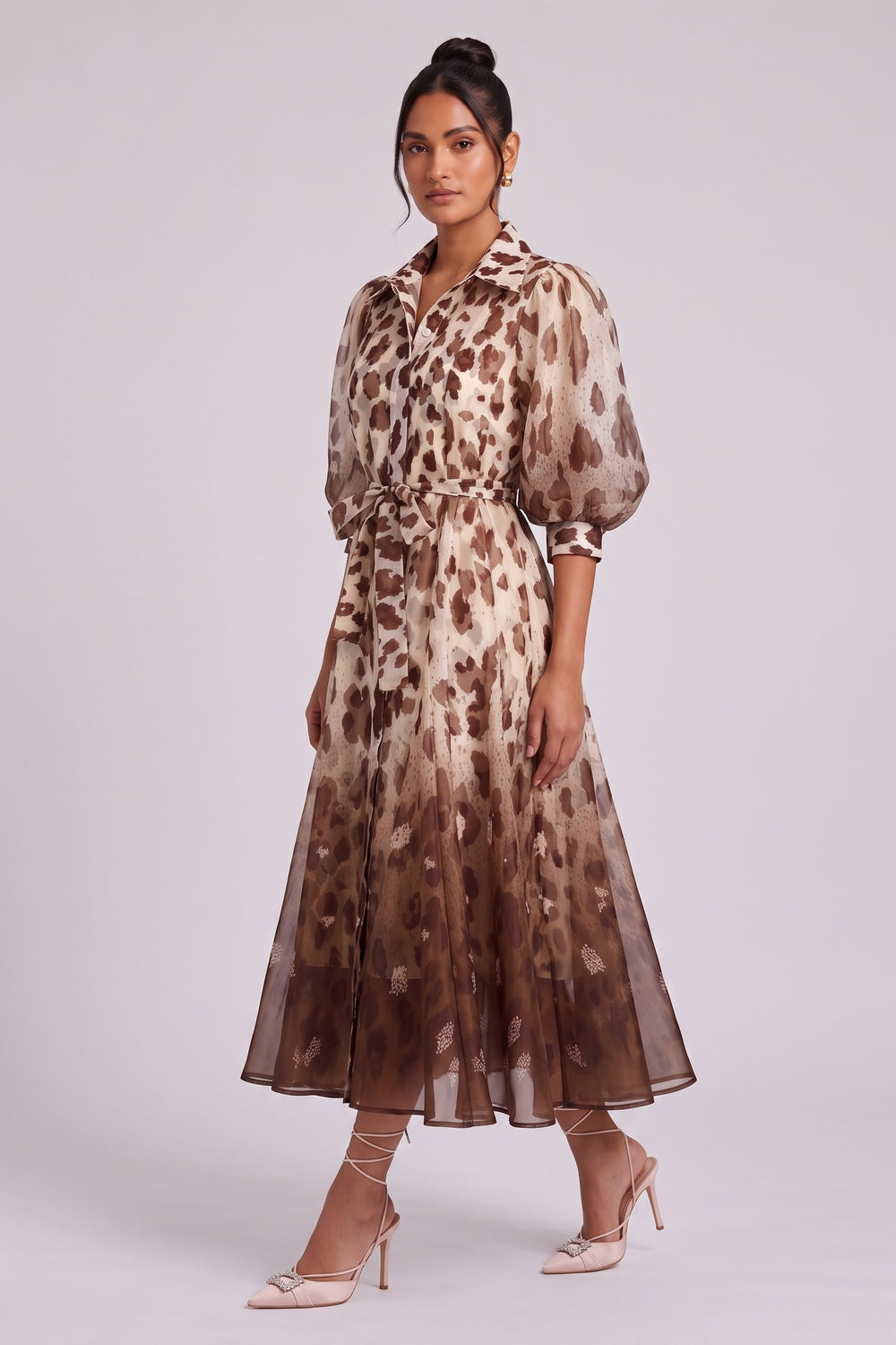 327dfca7b0decc44 OMBRE LEOPARD PUFF SLEEVE MIDI SHIRT DRESS
