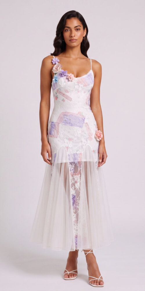 3291415a6bc3d643 PASTEL FLORAL LACE MERMAID MIDI DRESS, 3D FLOWER TULLE