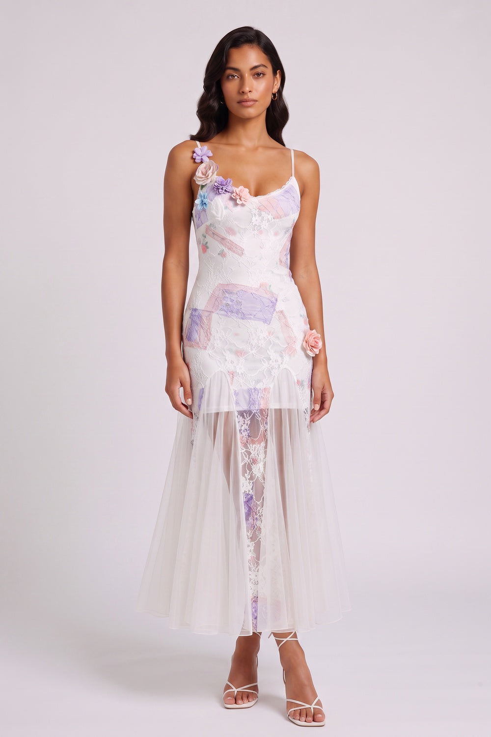 3291415a6bc3d643 PASTEL FLORAL LACE MERMAID MIDI DRESS, 3D FLOWER TULLE