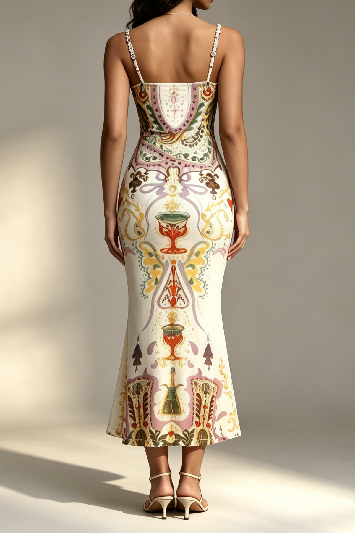 32_065c4a07-93dc-4506-9bf2-71f9c9456280 VINTAGE TAROT CUP PRINT BEADED SWEETHEART SATIN MERMAID MIDI DRESS