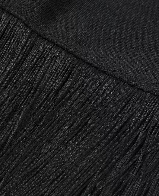 32a7fd59220fedef1a250a9c7ff68e13 BLACK FRINGE HEM BANDAGE KNIT MAXI DRESS GOLD PARTY