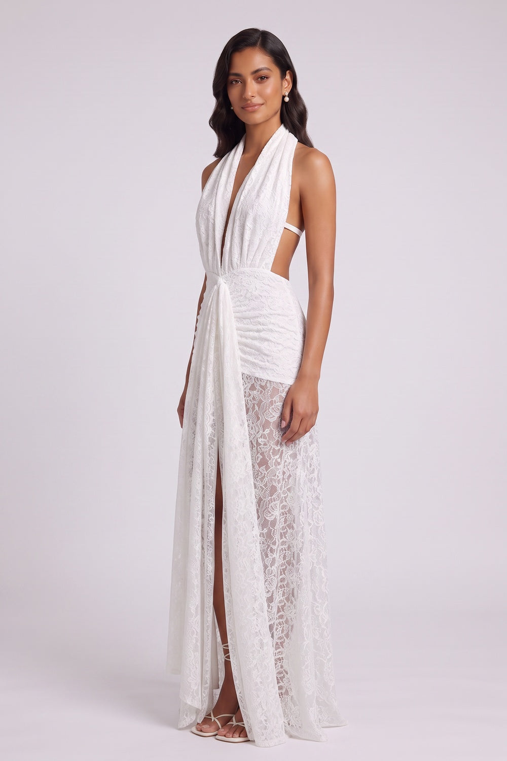 32b800160794fc92 WHITE LACE COLUMN GOWN WITH FRONT SLIT