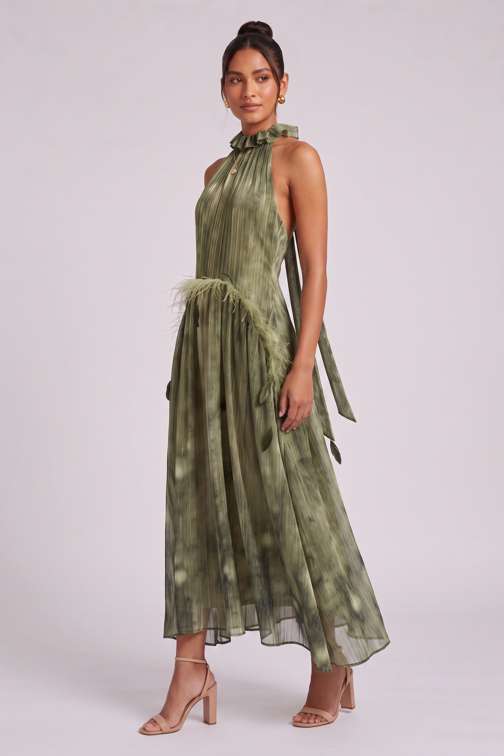 336091f49fc35ff7 OLIVE GREEN CHIFFON HALTER A-LINE MIDI DRESS