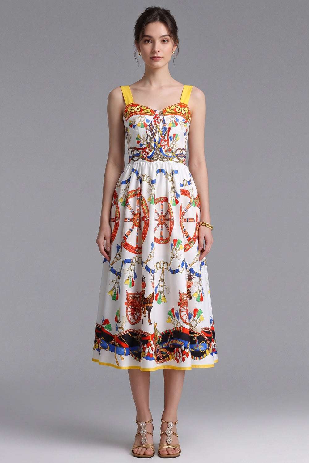 336137ec45141e99 WHITE CARRETTO PRINT FIT-AND-FLARE MIDI DRESS