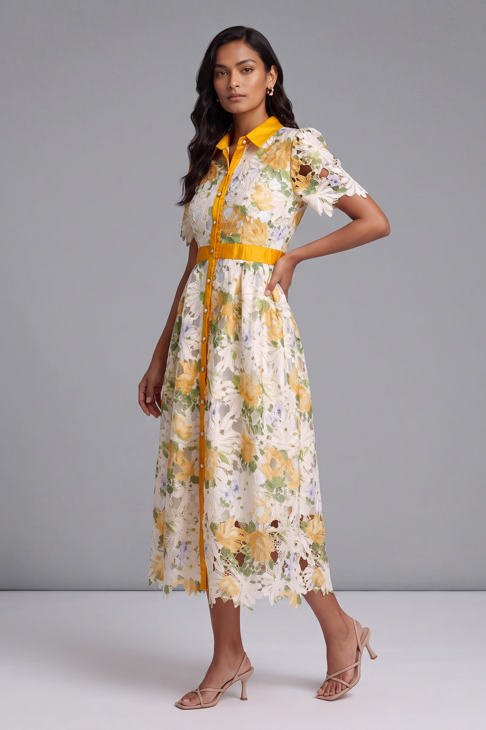 WHITE LACE A-LINE MIDI DRESS YELLOW SATIN ACCENTS WEDDING GUEST