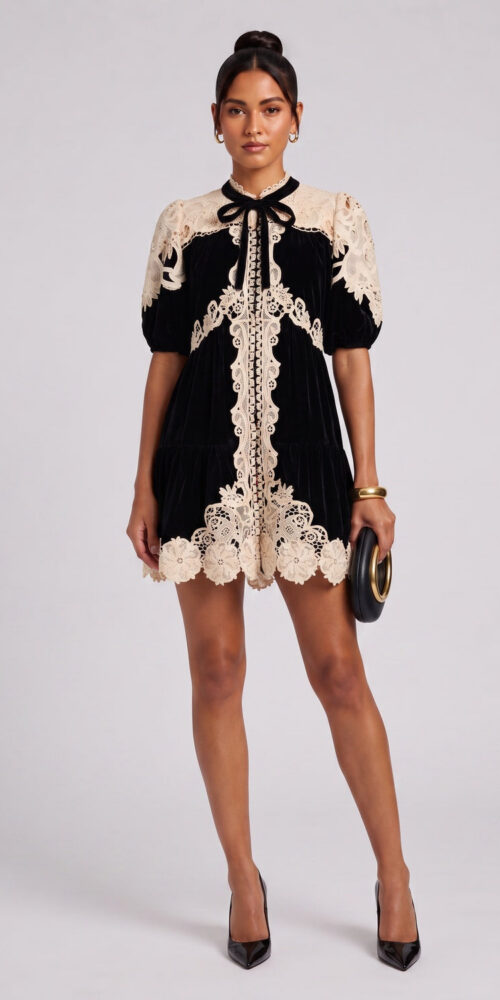 337ec80e69fae840 BLACK VELVET BABYDOLL A-LINE DRESS WITH LACE OVERLAY