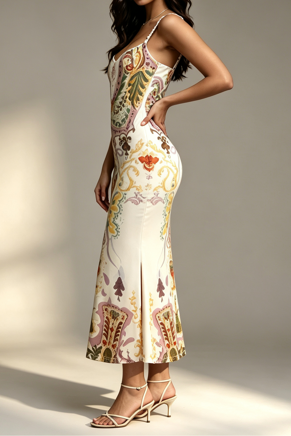 33_67f742c1-0461-4838-97b9-2832019d7f51 VINTAGE TAROT CUP PRINT BEADED SWEETHEART SATIN MERMAID MIDI DRESS