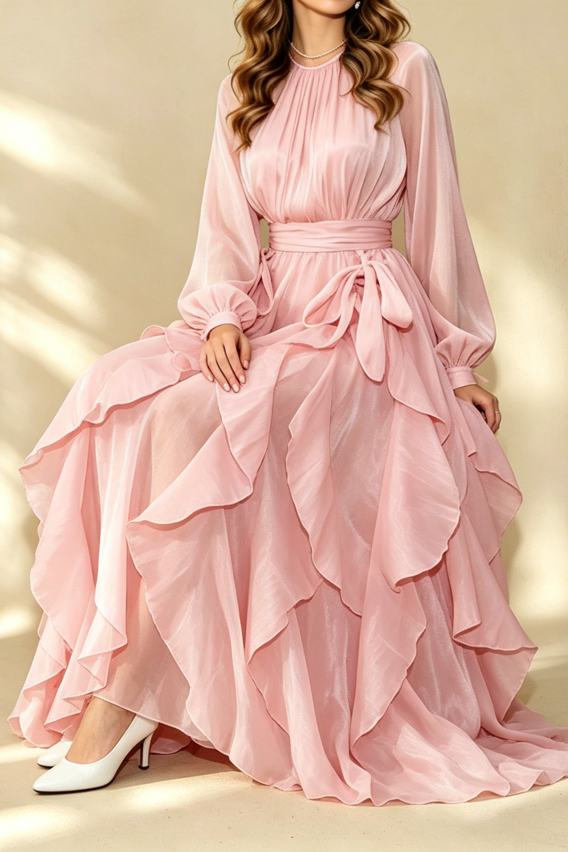 33_e8c34570-3db3-4c59-bd9a-fbb71eebbf84 CHAMPAGNE SHIMMER CHIFFON RUFFLED MAXI GOWN