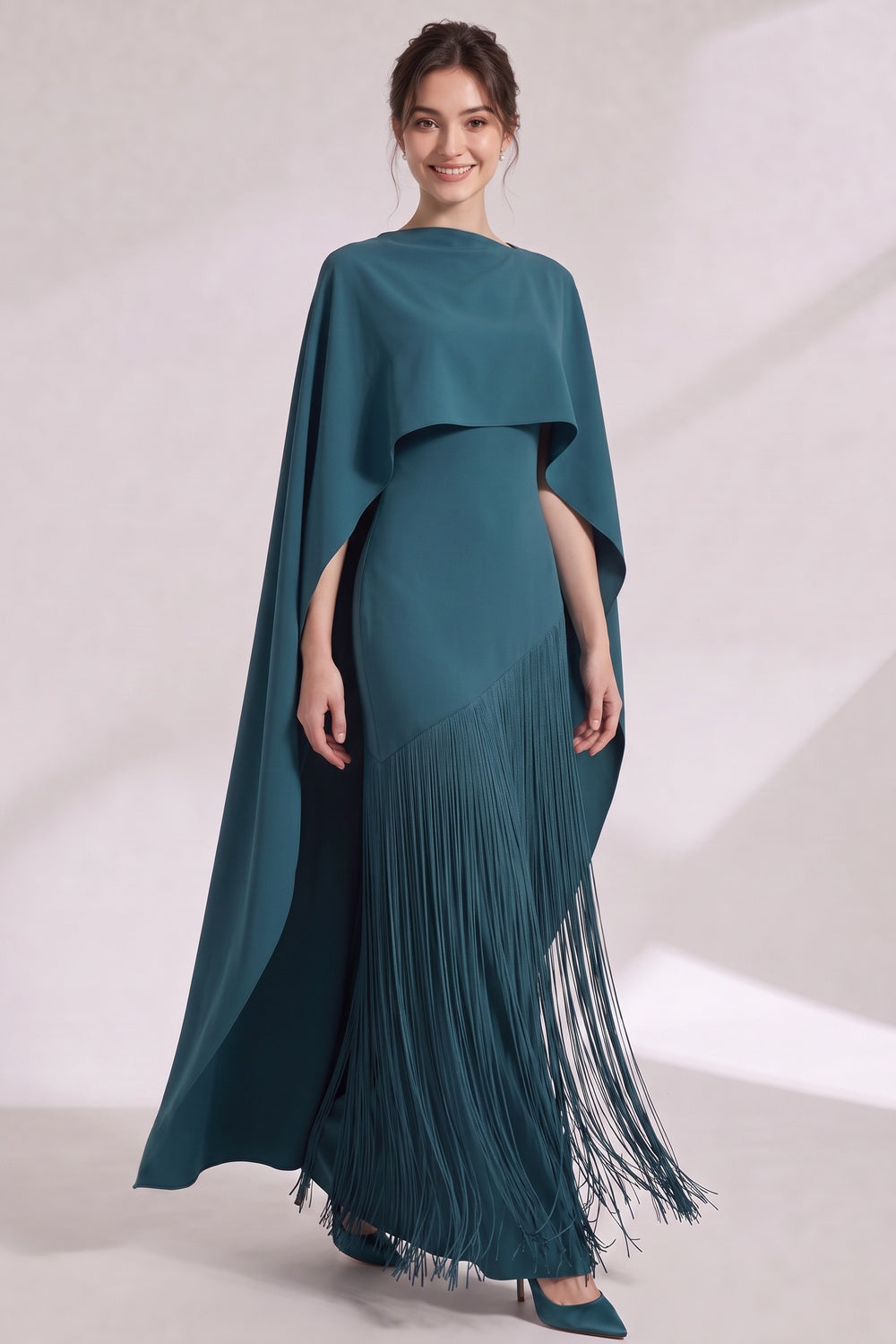 33c61c23da78fd9e TEAL MATTE CREPE COLUMN GOWN ASYMMETRICAL CAPE EVENING