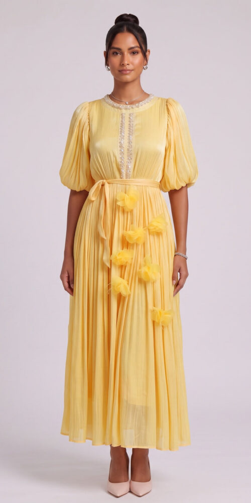 33f8beb86584ee17 YELLOW BEADED 3D FLORAL MIDI DRESS FOR WEDDING GUEST