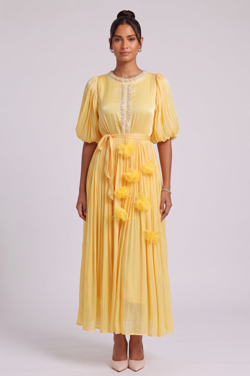 33f8beb86584ee17 YELLOW BEADED 3D FLORAL MIDI DRESS FOR WEDDING GUEST