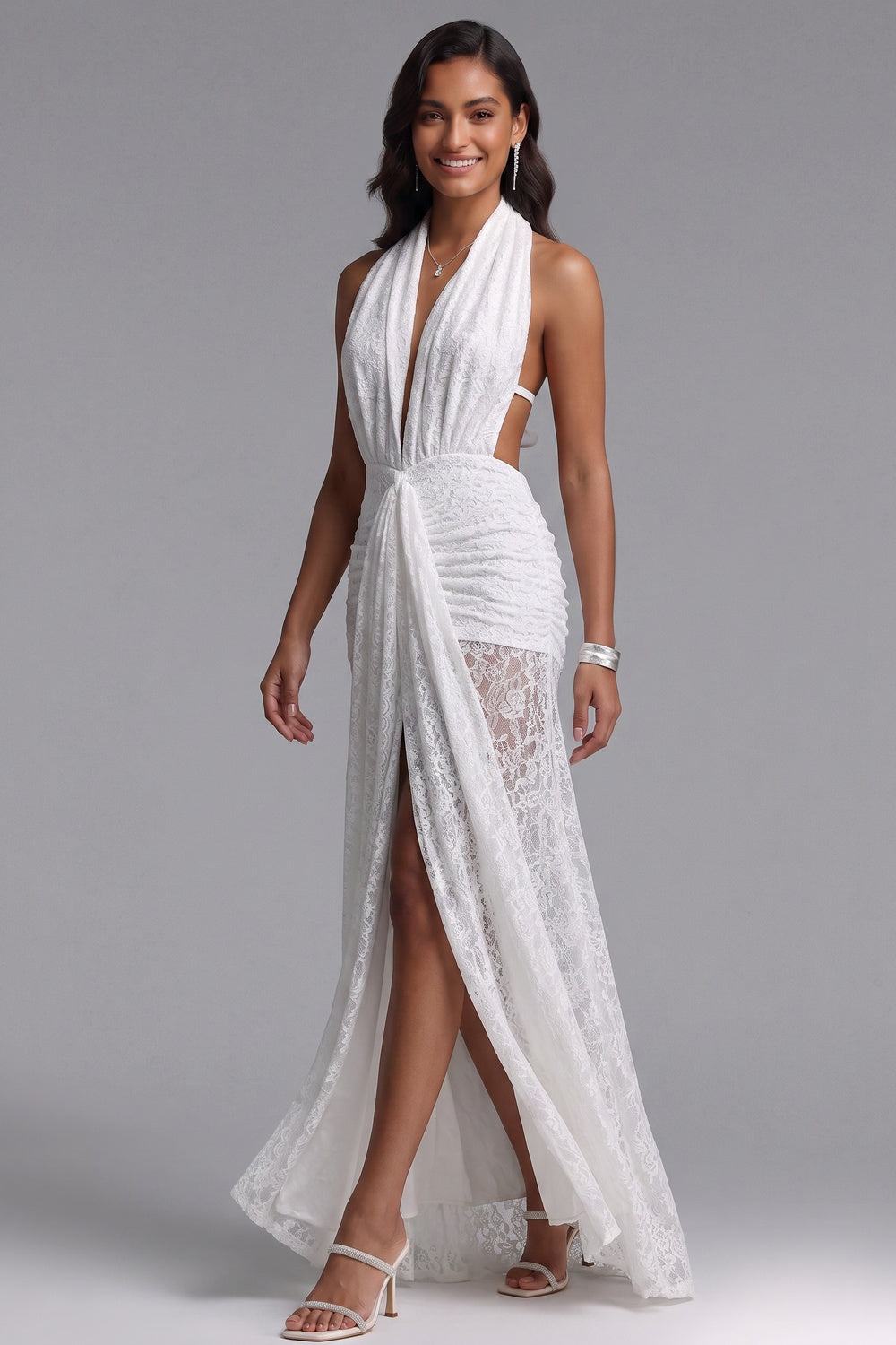 340bb1a95d672401 WHITE LACE COLUMN GOWN WITH FRONT SLIT