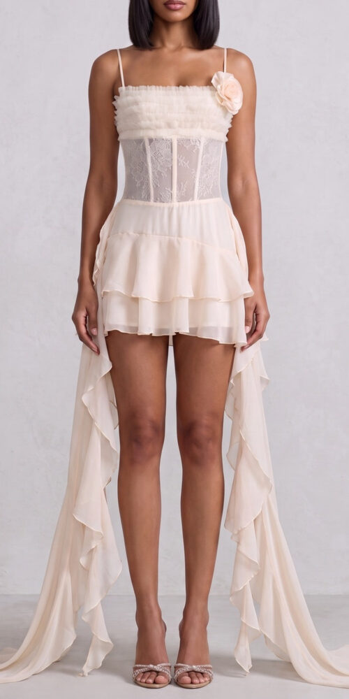 34349b475b0b4672 SPAGHETTI STRAP LACE CORSET HIGH-LOW RUFFLE MINI DRESS