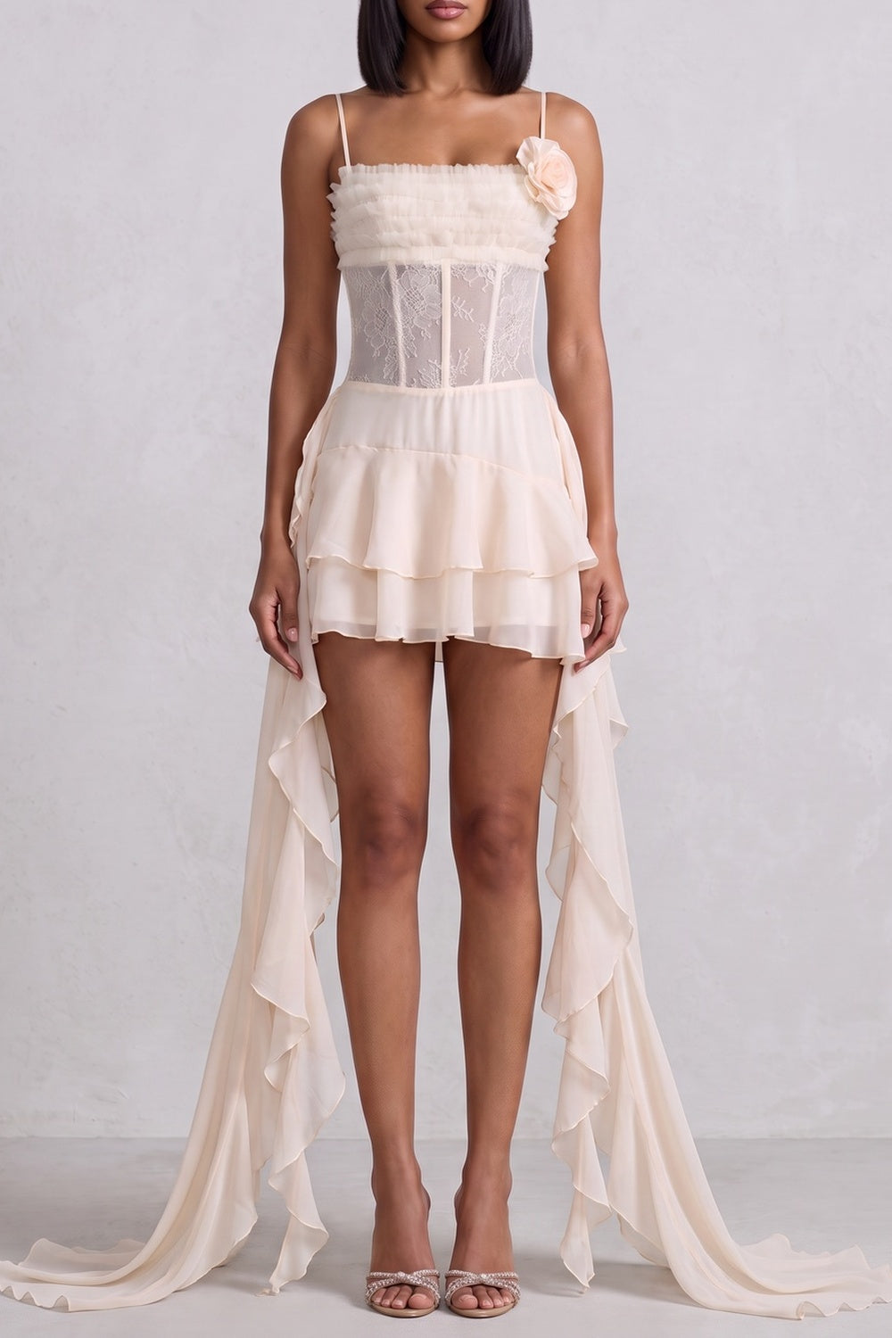 34349b475b0b4672 SPAGHETTI STRAP LACE CORSET HIGH-LOW RUFFLE MINI DRESS