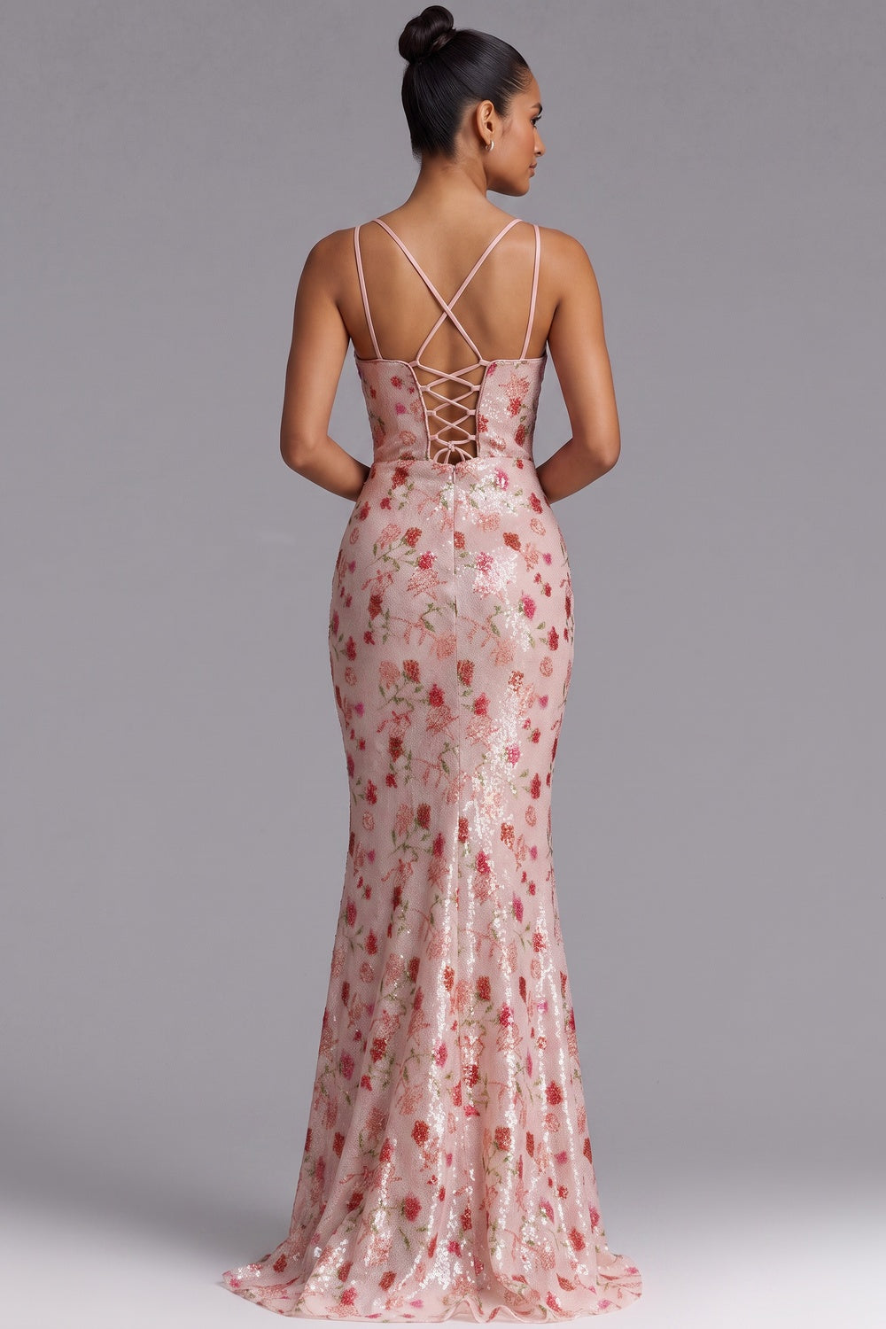 BLUSH PINK SEQUIN MERMAID GOWN, LACE-UP BACK, PROM