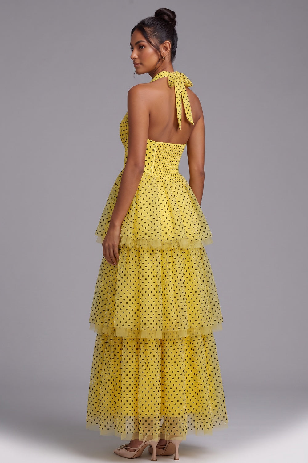 3470eb45db9b10f4 YELLOW POLKA DOT TIERED HALTER MAXI DRESS
