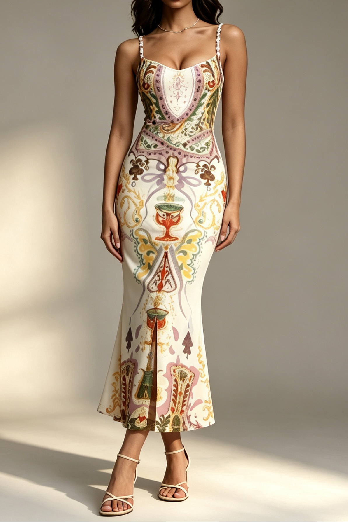 34_17b77869-3c2b-4c49-af81-5c705142dcf6 VINTAGE TAROT CUP PRINT BEADED SWEETHEART SATIN MERMAID MIDI DRESS