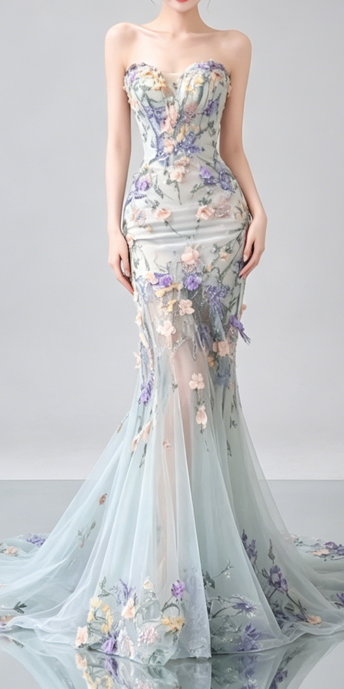 STRAPLESS PASTEL FLORAL TULLE MERMAID WEDDING GOWN