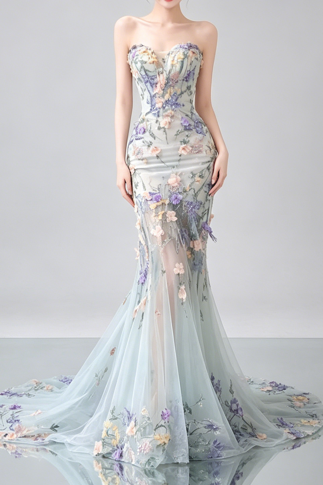 34_5f10cdc2-3b63-4130-aa85-f64a0d25d2b6 STRAPLESS PASTEL FLORAL TULLE MERMAID WEDDING GOWN