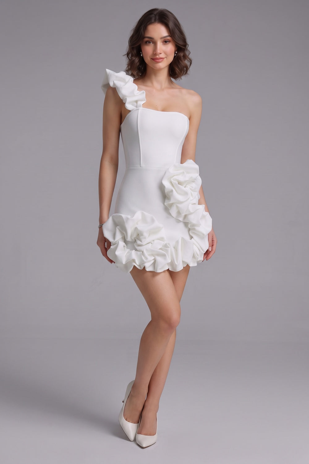 34b09aeda8b57052 WHITE ONE-SHOULDER BODYCON MINI DRESS, STRUCTURED CREPE