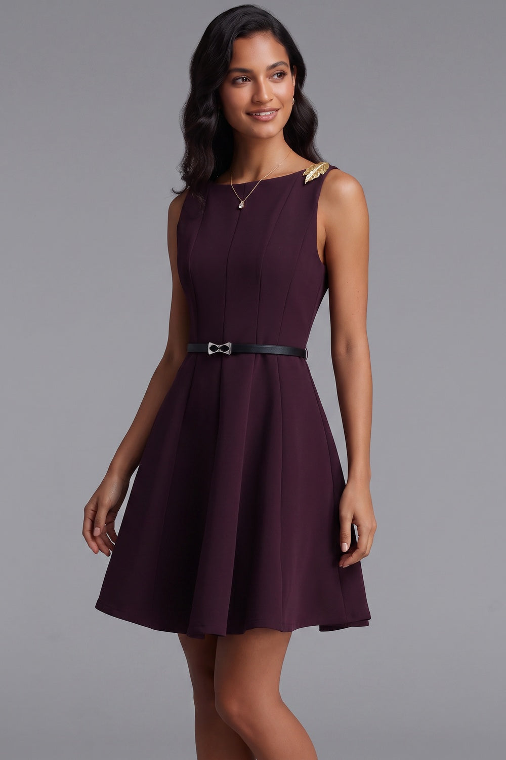 34b95ac7144746ec DEEP PLUM FIT-AND-FLARE CREPE MINI DRESS