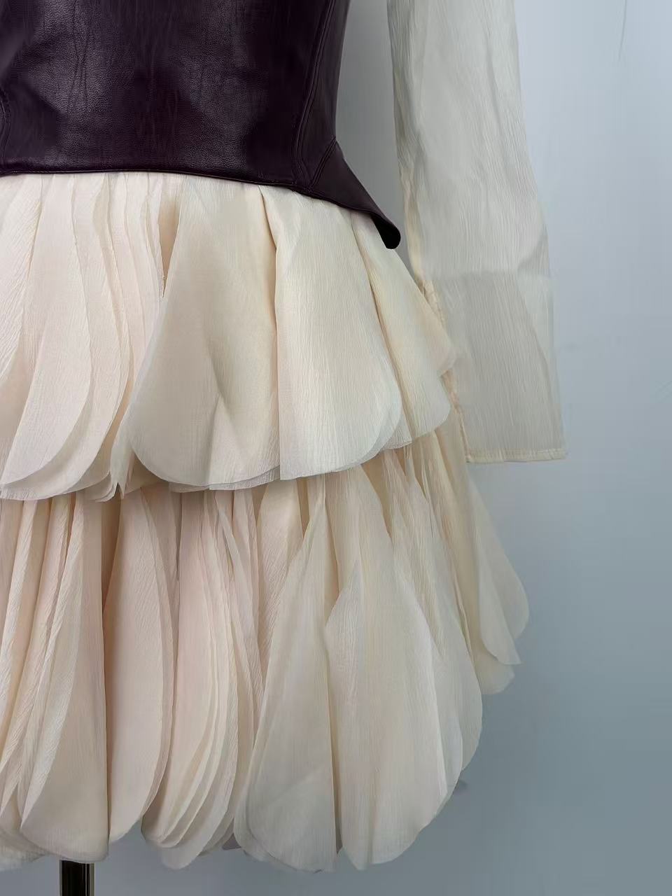 34db8d1cc6ec1841cc2f8b54e9bb5361 CREAM SHEER LAYERED PETAL MINI DRESS WITH BROWN LEATHER BELT