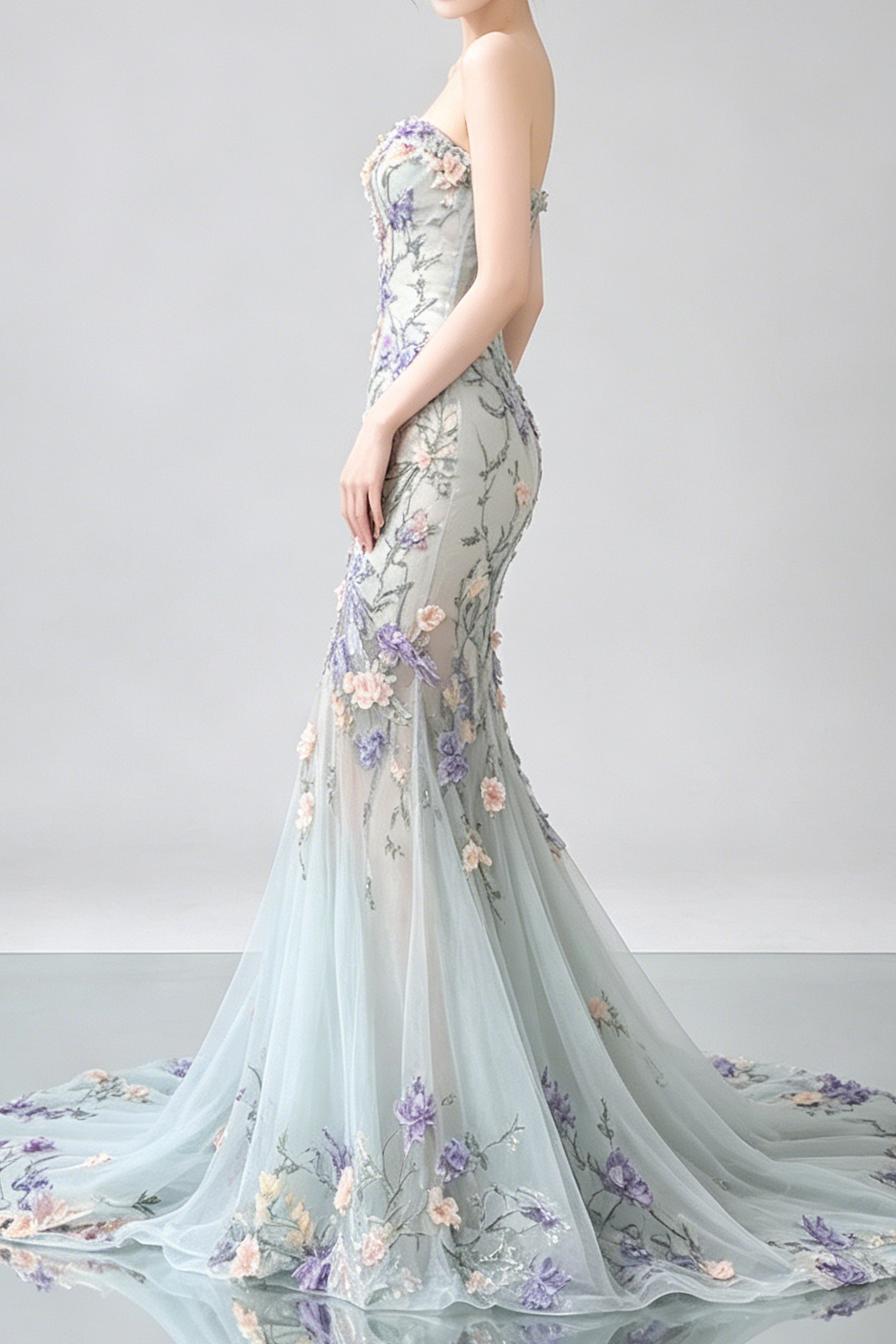 35 STRAPLESS PASTEL FLORAL TULLE MERMAID WEDDING GOWN