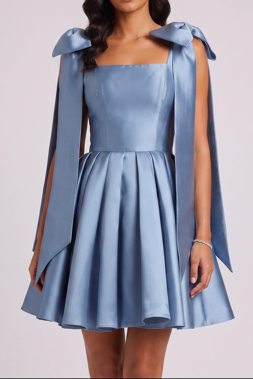 SQUARE NECK BOW STRAP SATIN MINI DRESS