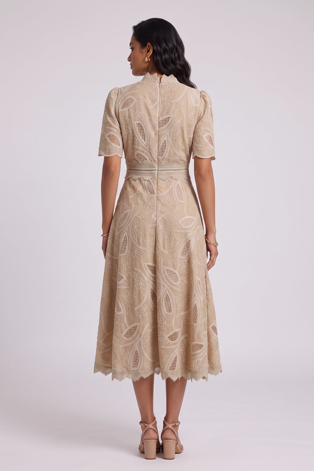 3525ec2d0b7798e9 BEIGE EMBROIDERED ORGANZA A-LINE MIDI DRESS