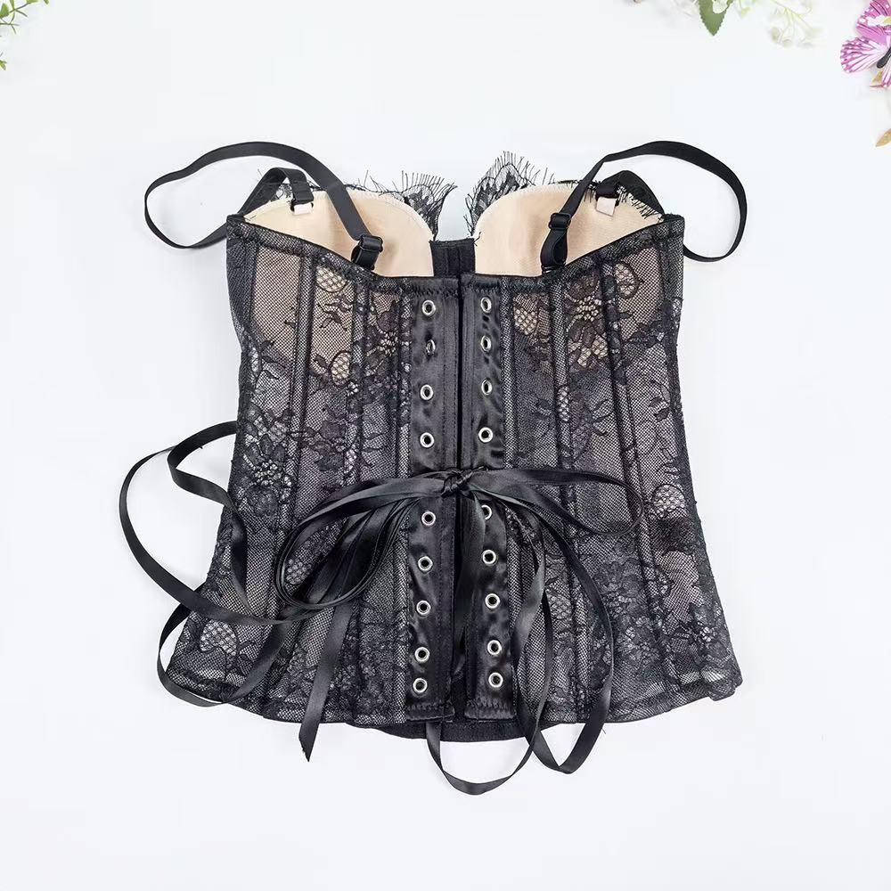 BLACK LACE CORSET TOP & TULLE FLARED MINI SKIRT SET