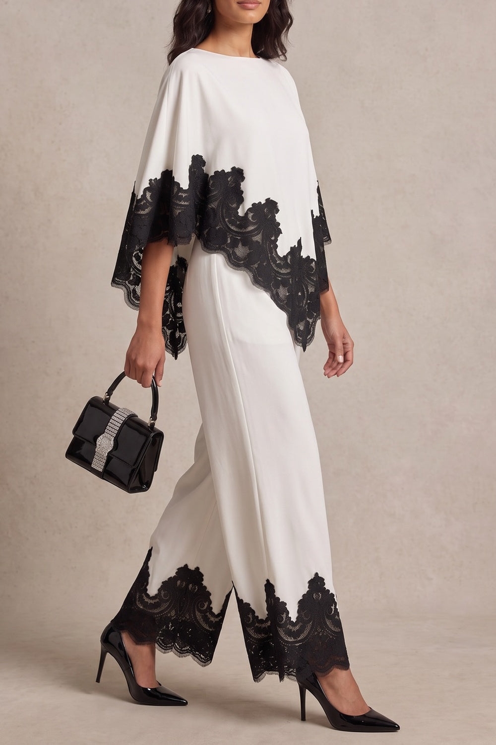 3535ee5abf4532b0 BLACK LACE TRIM FLARE SLEEVE TOP WIDE LEG PANTS CO-ORD