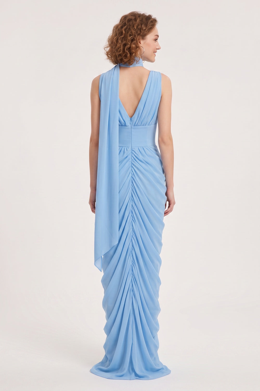 LIGHT BLUE COWL NECK RUCHED MAXI GOWN