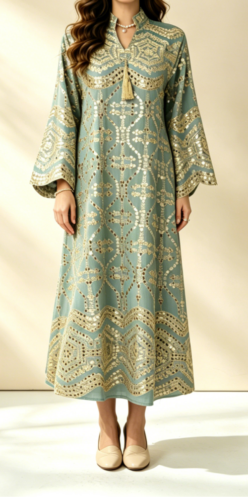 35_503df6df-26a5-4acf-9fce-d565235dba94 SAGE GREEN GOLD SEQUIN KAFTAN MIDI DRESS FLARE SLEEVE