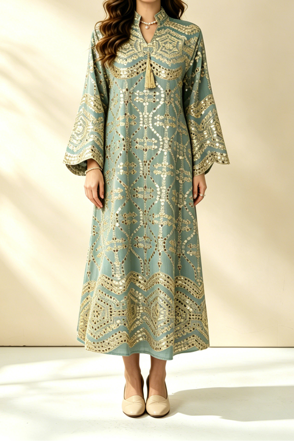 35_503df6df-26a5-4acf-9fce-d565235dba94 SAGE GREEN GOLD SEQUIN KAFTAN MIDI DRESS FLARE SLEEVE