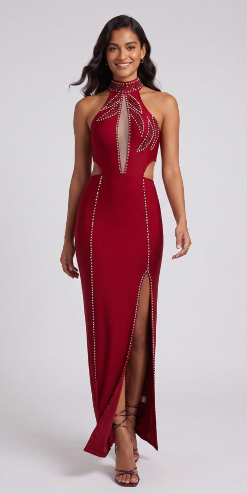 DARK RED COLUMN GOWN, SIDE CUTOUTS, EVENING