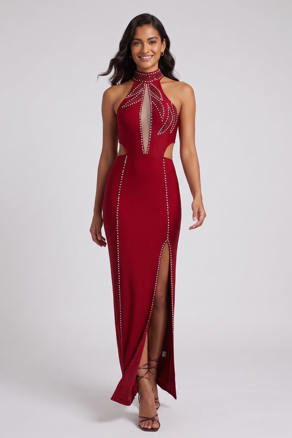 35a68a58455cd2f4 DARK RED COLUMN GOWN, SIDE CUTOUTS, EVENING
