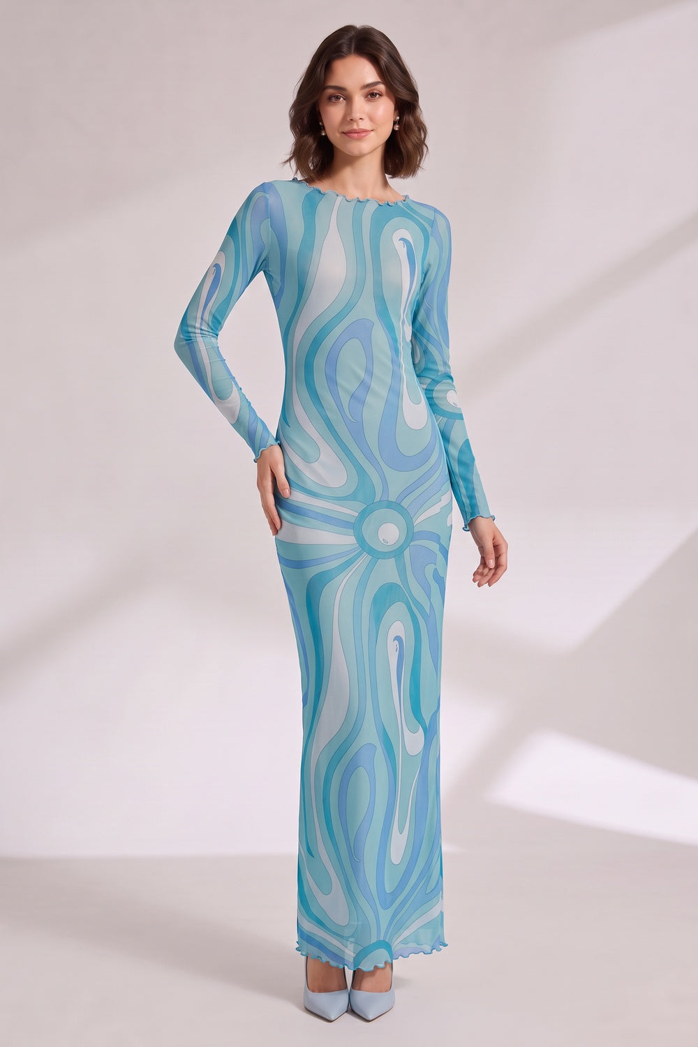 35ae89a1e447e91f BLUE SCALLOPED WAVE MAXI DRESS, BOHO BEACH PARTY