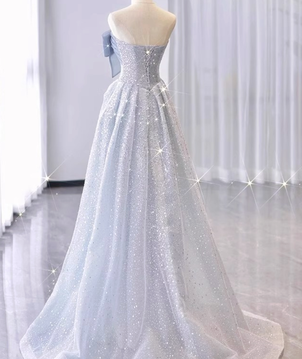 35be685fbedc8cb3bbda992e2c941759 SILVER BLUE GLITTER TULLE A-LINE EVENING GOWN