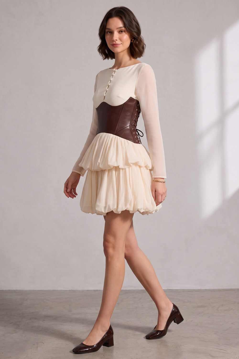 35c0c10260ed3591 CREAM SHEER LAYERED PETAL MINI DRESS WITH BROWN LEATHER BELT