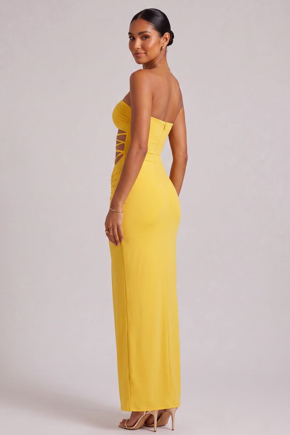 36265d1e4bd1f328 YELLOW STRAPLESS MAXI DRESS SIDE CUTOUT PARTY