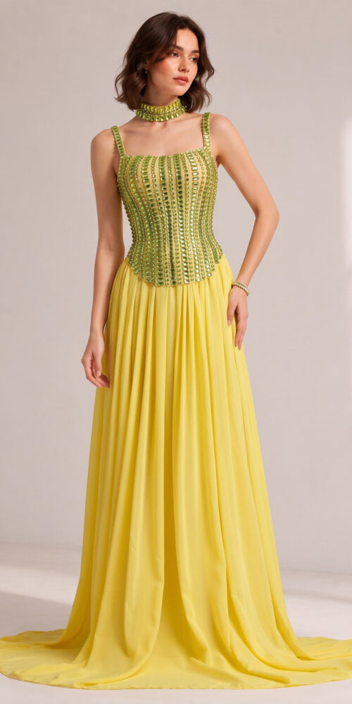 368243767f5247df LIME GREEN RHINESTONE CHOKER PLEATED CHIFFON TRAIN GOWN